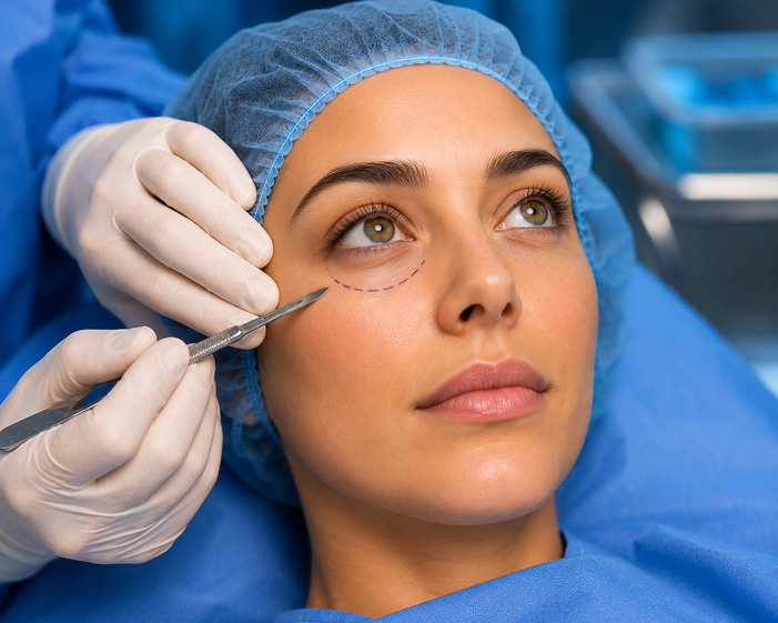 Surgeon consulting a patient about Lower Blepharoplasty
